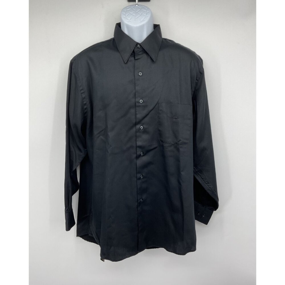 Essante Mens Black Button-Up Dress Shirt Sateen Long Sleeve 16.5 32/33